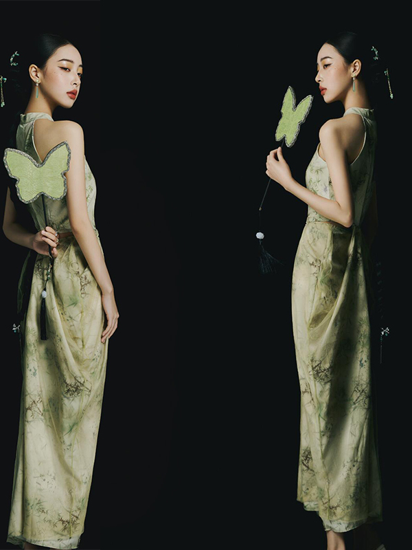 Ethnic Fashion Studio - ชุดเดรสสไตล์จีนสีเขียวแบบใหม่ ชุดแฟชั่นสำหรับผู้หญิง ลายพืช ชุดถ่ายภาพในสตูดิโอ ชุดพิธีกรรมชาติพันธุ์