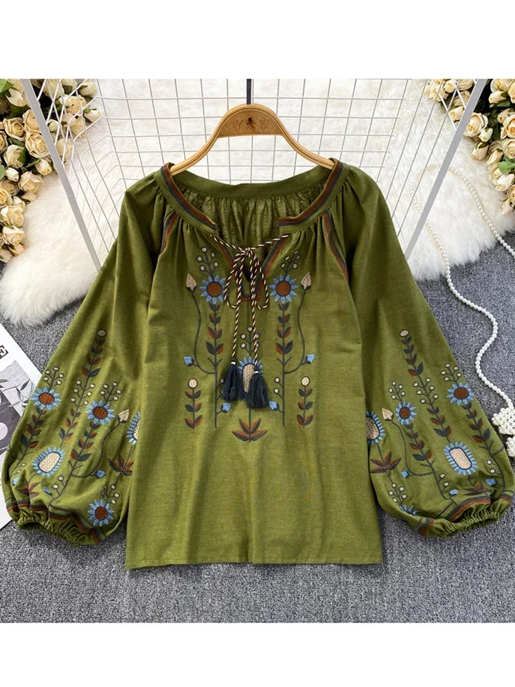 Ethnic Fashion Clothing - ผู้หญิงฤดูใบไม้ผลิเสื้อสไตล์ชาติพันธุ์ Retro วรรณกรรมหลวมปักผ้าฝ้ายลินินรอบคอเสื้อลําลอง TOP D3549