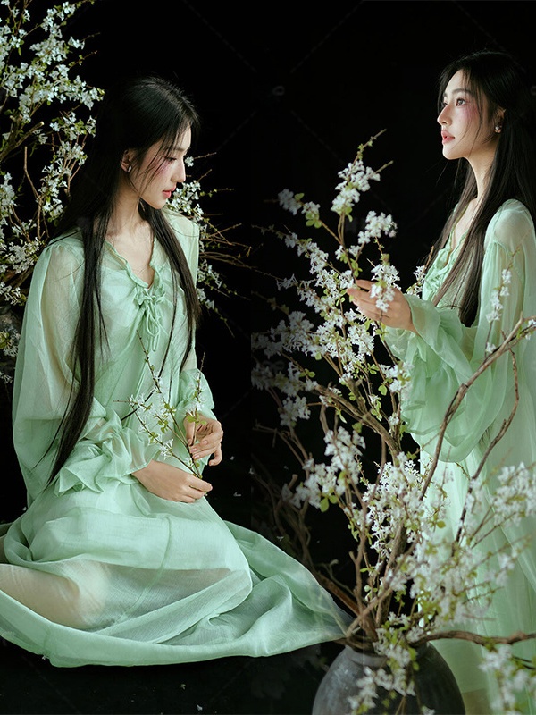 Ethnic Fashion Studio - ชุดเดรสสีเขียวสไตล์จีน ดั้งเดิมแต่ทันสมัย ปรับปรุงใหม่ ฮันฟู่ สตูดิโอถ่ายภาพ สินค้ามาใหม่