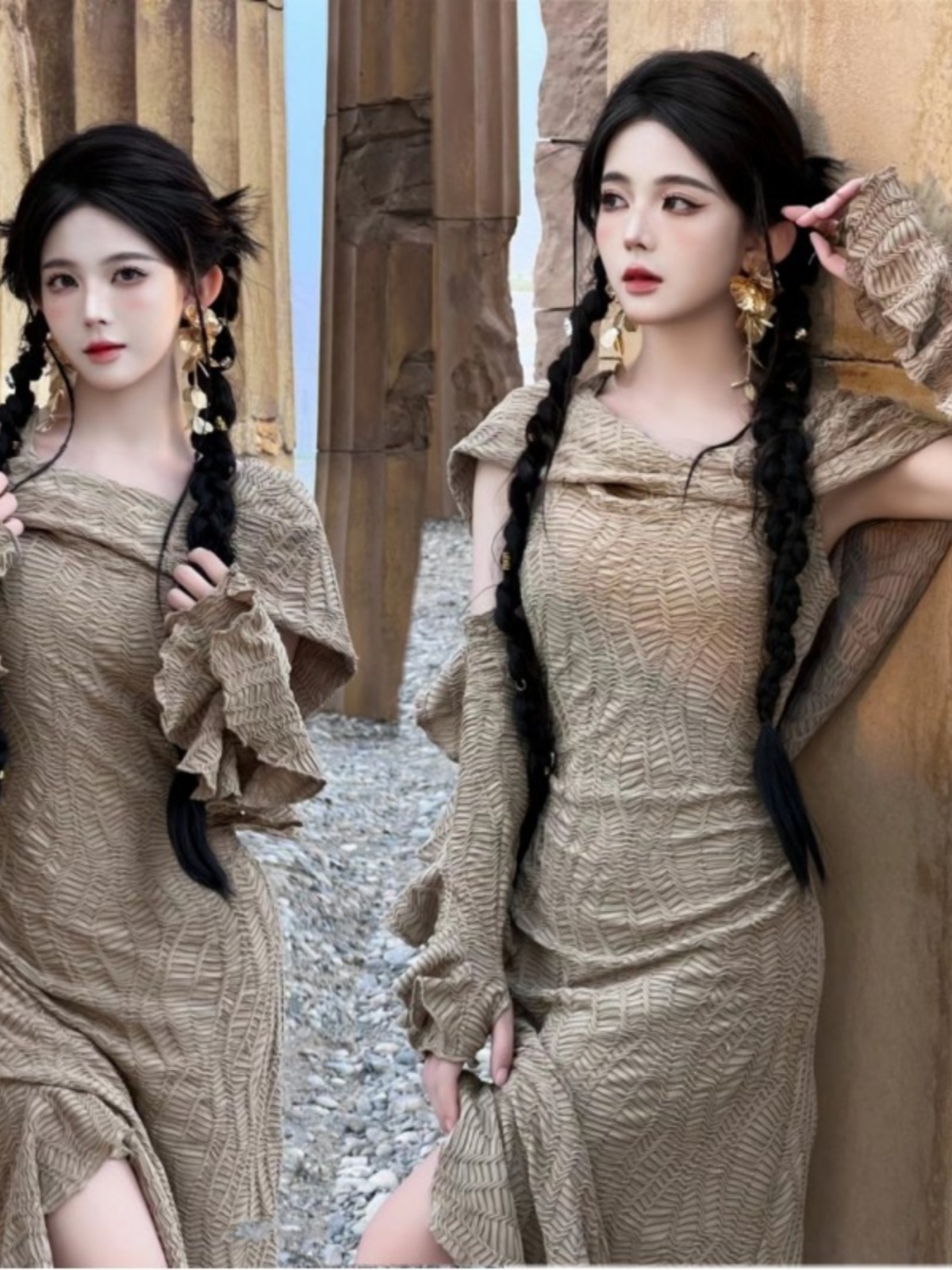 Ethnic Fashion Clothing - ชุดเดรสยาวธีมทะเลทราย แฟชั่นผู้หญิงสไตล์ชาติพันธุ์ ชุดถ่ายภาพท่องเที่ยว เสื้อผ้าสาวแซ่บ ชุดแสดงบนเวที