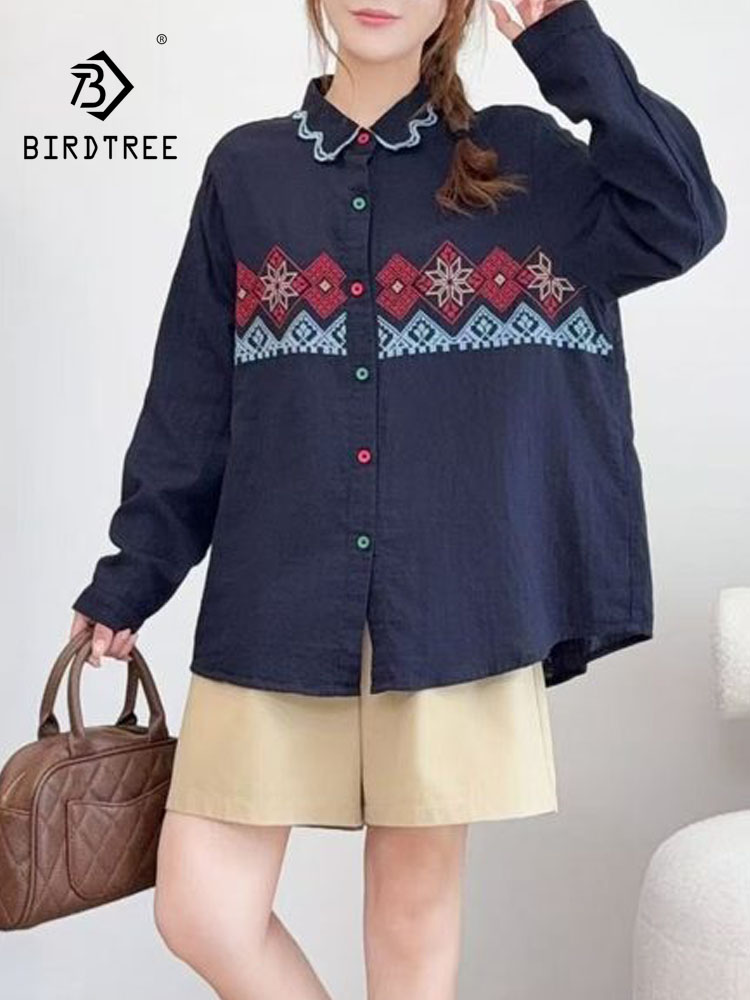 Ethnic Fashion Clothing - เสื้อเชิ้ตแขนยาวผ้าฝ้ายสำหรับผู้หญิง ฤดูใบไม้ร่วง 2026 รุ่นใหม่ คอปกพับ ปักลาย