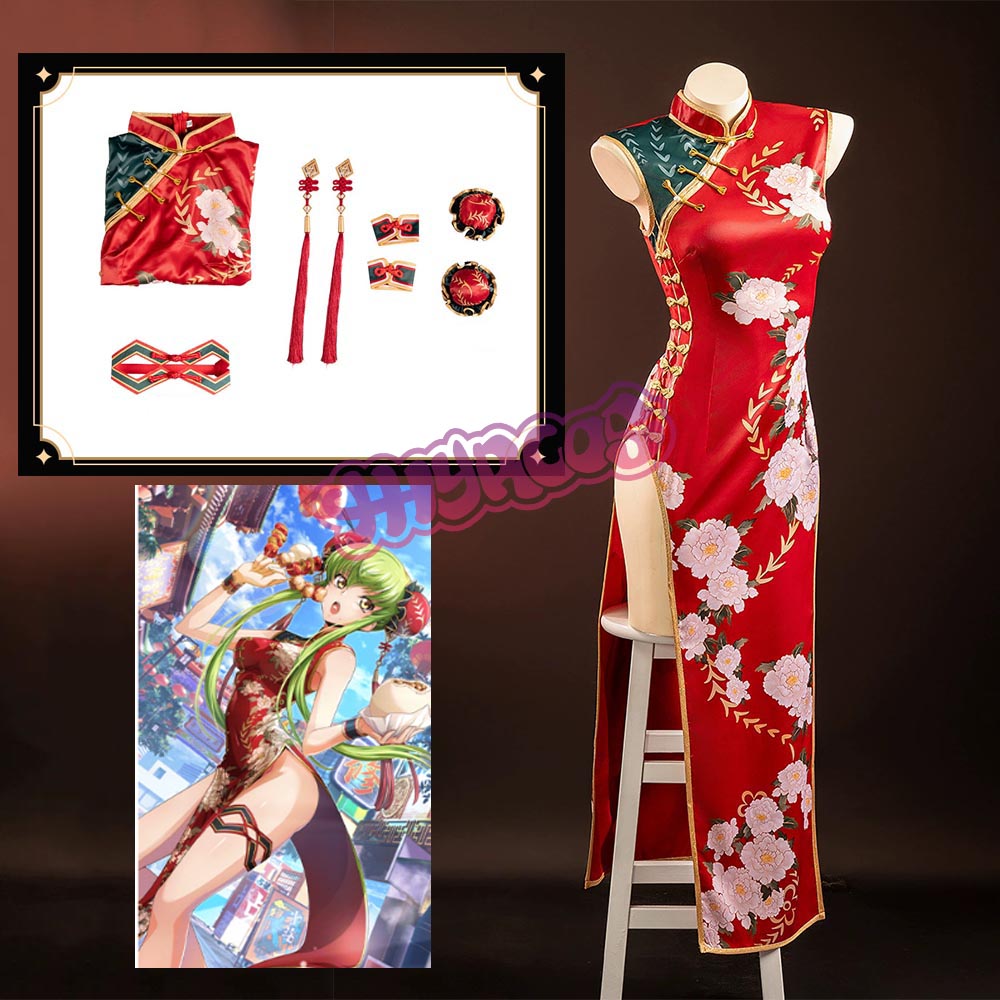 Ethnic Outfit - อะนิเมะเซ็กซี่รหัส GEASS เลอช์แห่งการกบฏ C.C. คอสเพลย์เครื่องแต่งกายสไตล์จีนสีแดงกี่เพ้าชุดผู้หญิงคริสต์มาสชุด