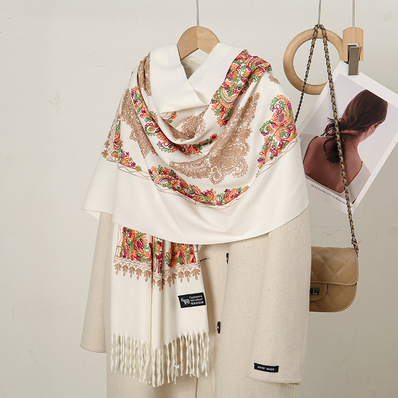 ผ้าพันคอไหมพรมเทียมปักลายดอกไม - Ethnic Fashion Sale บทวิจารณ์และราคา